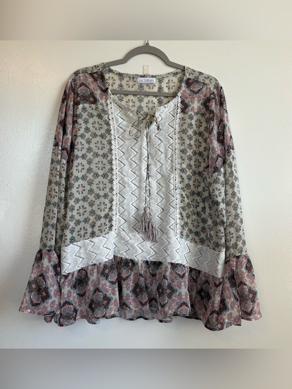 LA Threads Boho Floral Chiffon Tie Blouse Lace Tassel Long Sleeve Women’s XL